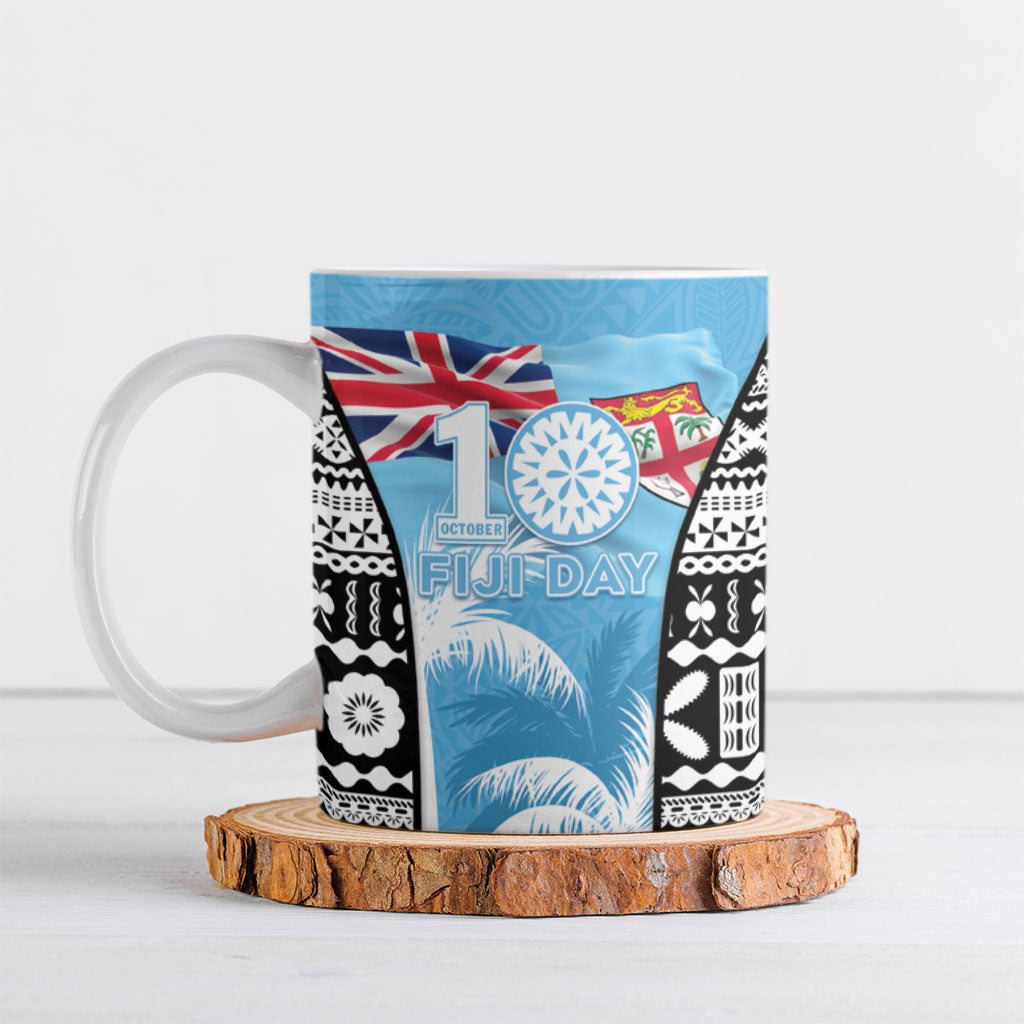 Personalised Fiji Day 2026 Ceramic Mug Masi Tapa Pattern With Palm Tree LT05 Blue - Polynesian Pride