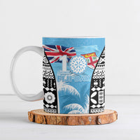 Personalised Fiji Day 2026 Ceramic Mug Masi Tapa Pattern With Palm Tree LT05 Blue - Polynesian Pride