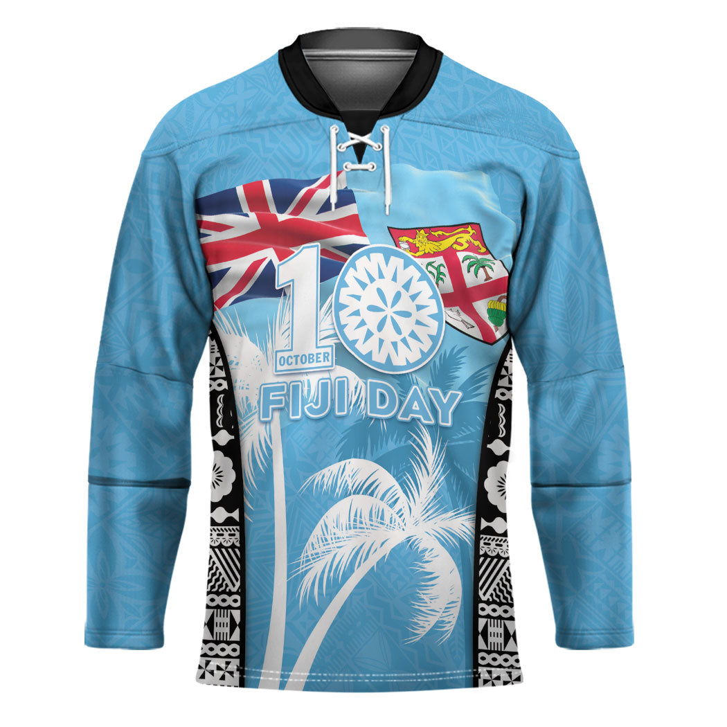 Personalised Fiji Day 2026 Hockey Jersey Masi Tapa Pattern With Palm Tree LT05 Unisex Blue - Polynesian Pride