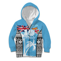 Personalised Fiji Day 2026 Kid Hoodie Masi Tapa Pattern With Palm Tree LT05 Zip Hoodie Blue - Polynesian Pride