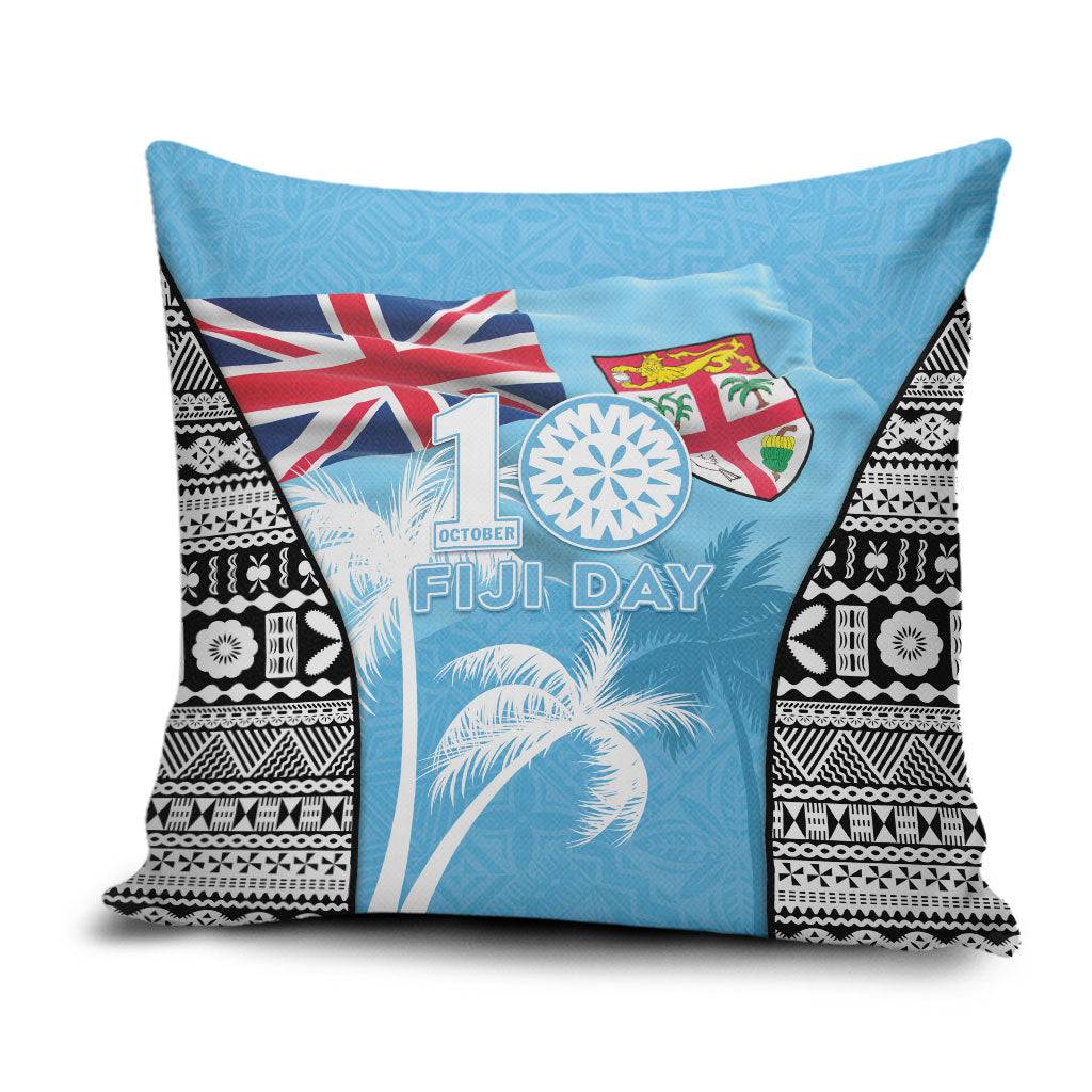 Fiji Day 2026 Pillow Cover Masi Tapa Pattern With Palm Tree LT05 Blue - Polynesian Pride