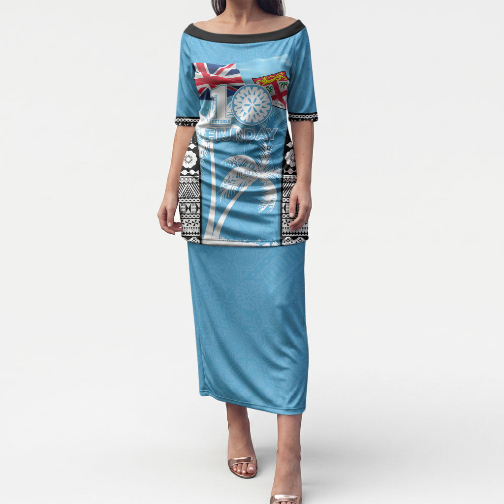 Personalised Fiji Day 2026 Puletasi Masi Tapa Pattern With Palm Tree LT05 Long Dress Blue - Polynesian Pride