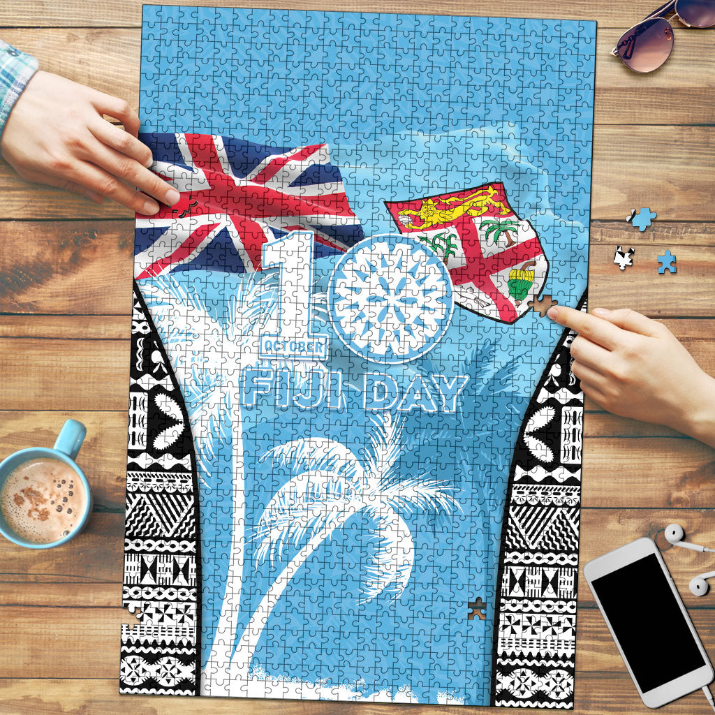 Fiji Day 2026 Puzzle Masi Tapa Pattern With Palm Tree LT05 Blue - Polynesian Pride