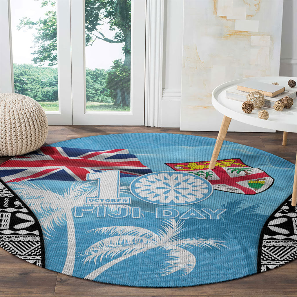 Fiji Day 2026 Round Carpet Masi Tapa Pattern With Palm Tree LT05 - Polynesian Pride