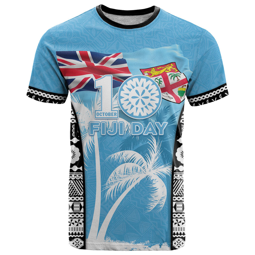 Personalised Fiji Day 2026 T Shirt Masi Tapa Pattern With Palm Tree LT05 Blue - Polynesian Pride