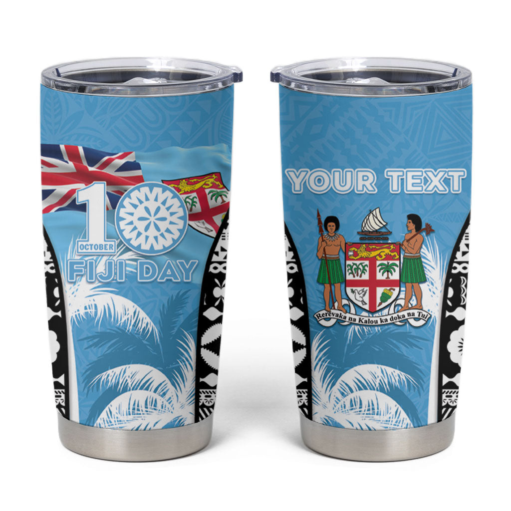 Personalised Fiji Day 2026 Tumbler Cup Masi Tapa Pattern With Palm Tree LT05 Blue - Polynesian Pride