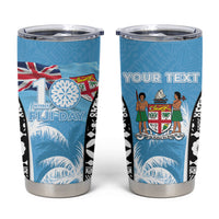Personalised Fiji Day 2026 Tumbler Cup Masi Tapa Pattern With Palm Tree LT05 Blue - Polynesian Pride