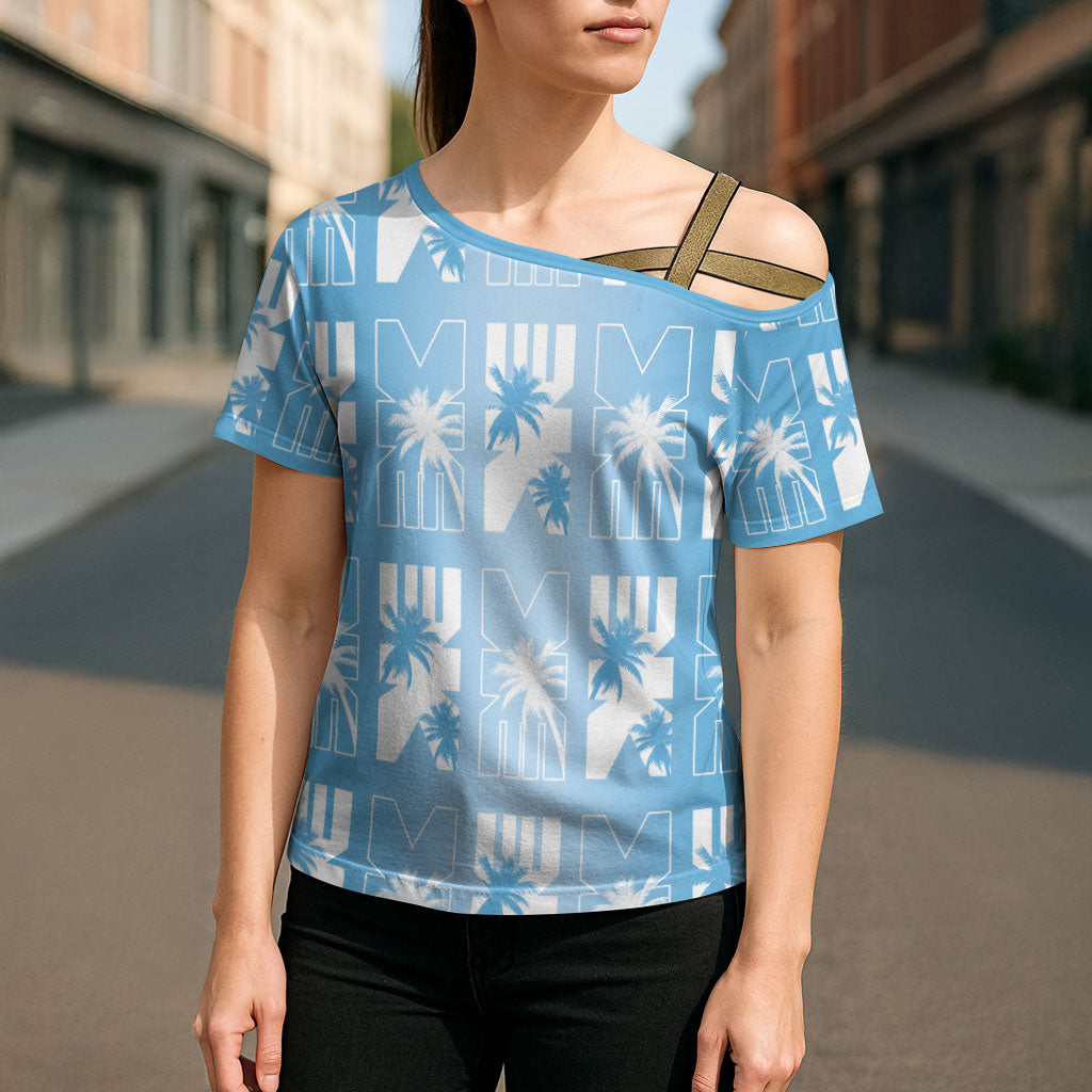 Bula Fiji Cross Shoulder Shirt Blue Makare Masi Tapa Pattern LT05 - Polynesian Pride