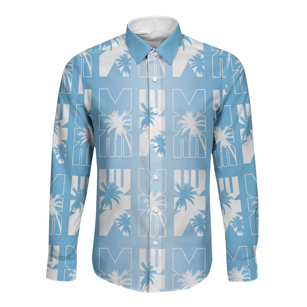 Bula Fiji Long Sleeve Button Shirt Blue Makare Masi Tapa Pattern LT05 Unisex Blue - Polynesian Pride