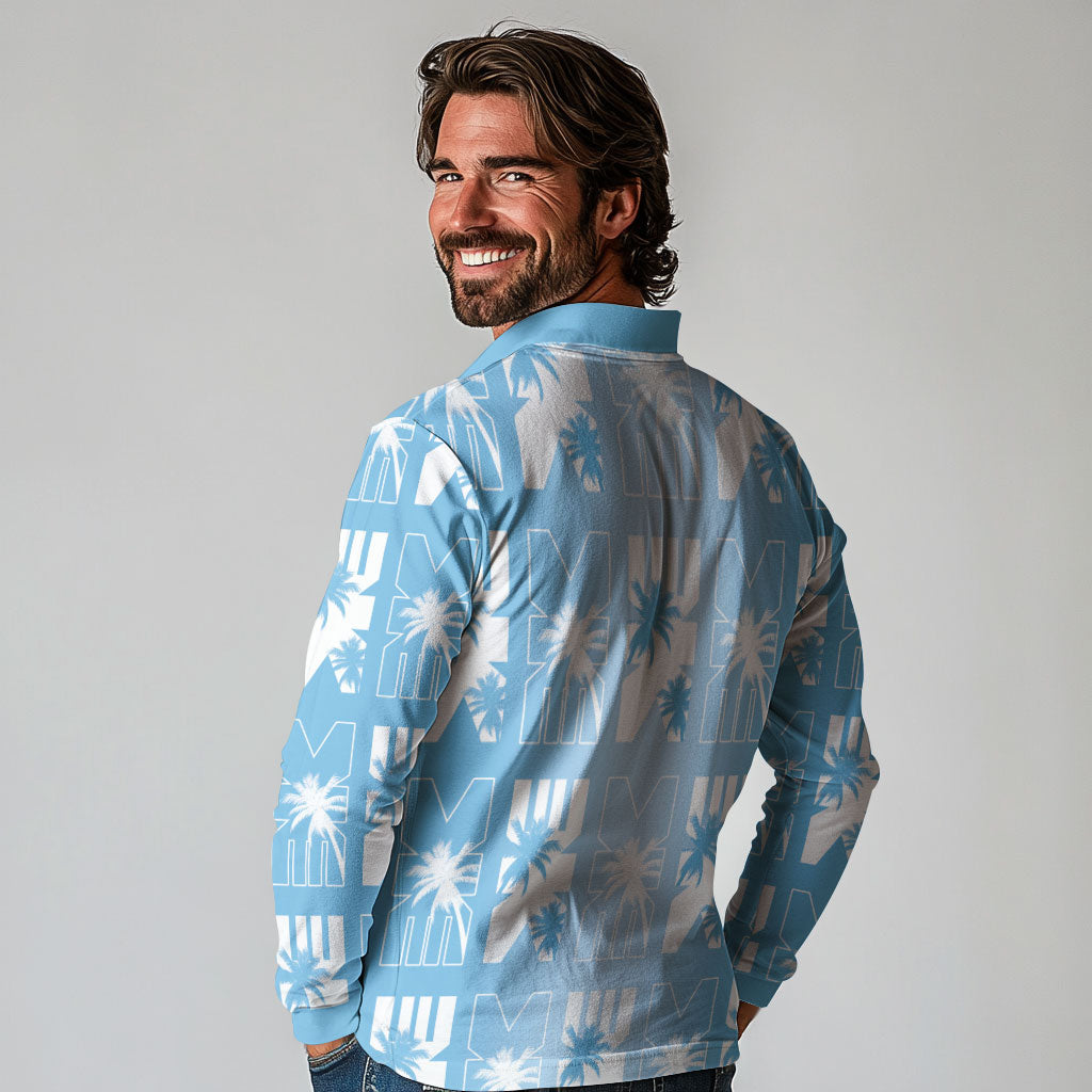 Bula Fiji Long Sleeve Polo Shirt Blue Makare Masi Tapa Pattern LT05 - Polynesian Pride