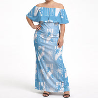 Bula Fiji Off Shoulder Maxi Dress Blue Makare Masi Tapa Pattern LT05 Women Blue - Polynesian Pride