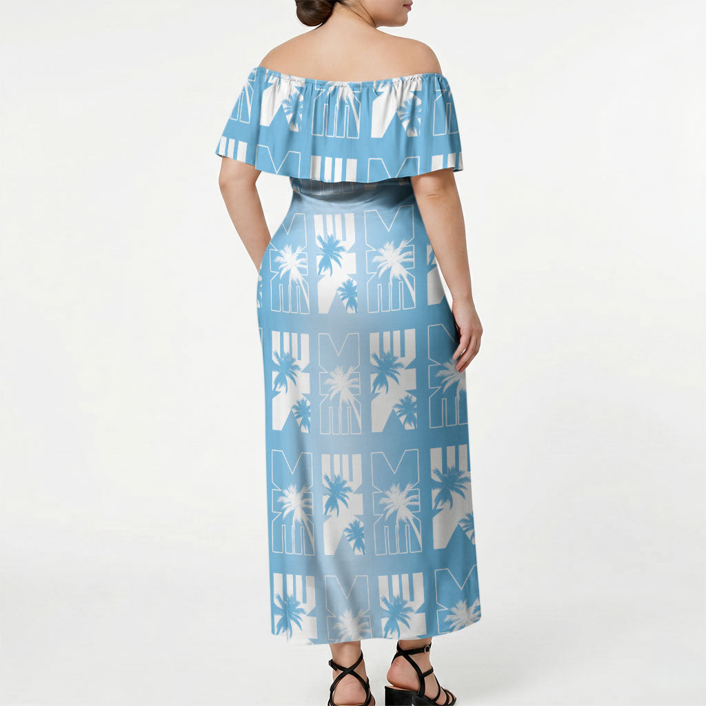 Bula Fiji Off Shoulder Maxi Dress Blue Makare Masi Tapa Pattern LT05 - Polynesian Pride