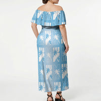 Bula Fiji Off Shoulder Maxi Dress Blue Makare Masi Tapa Pattern LT05 - Polynesian Pride