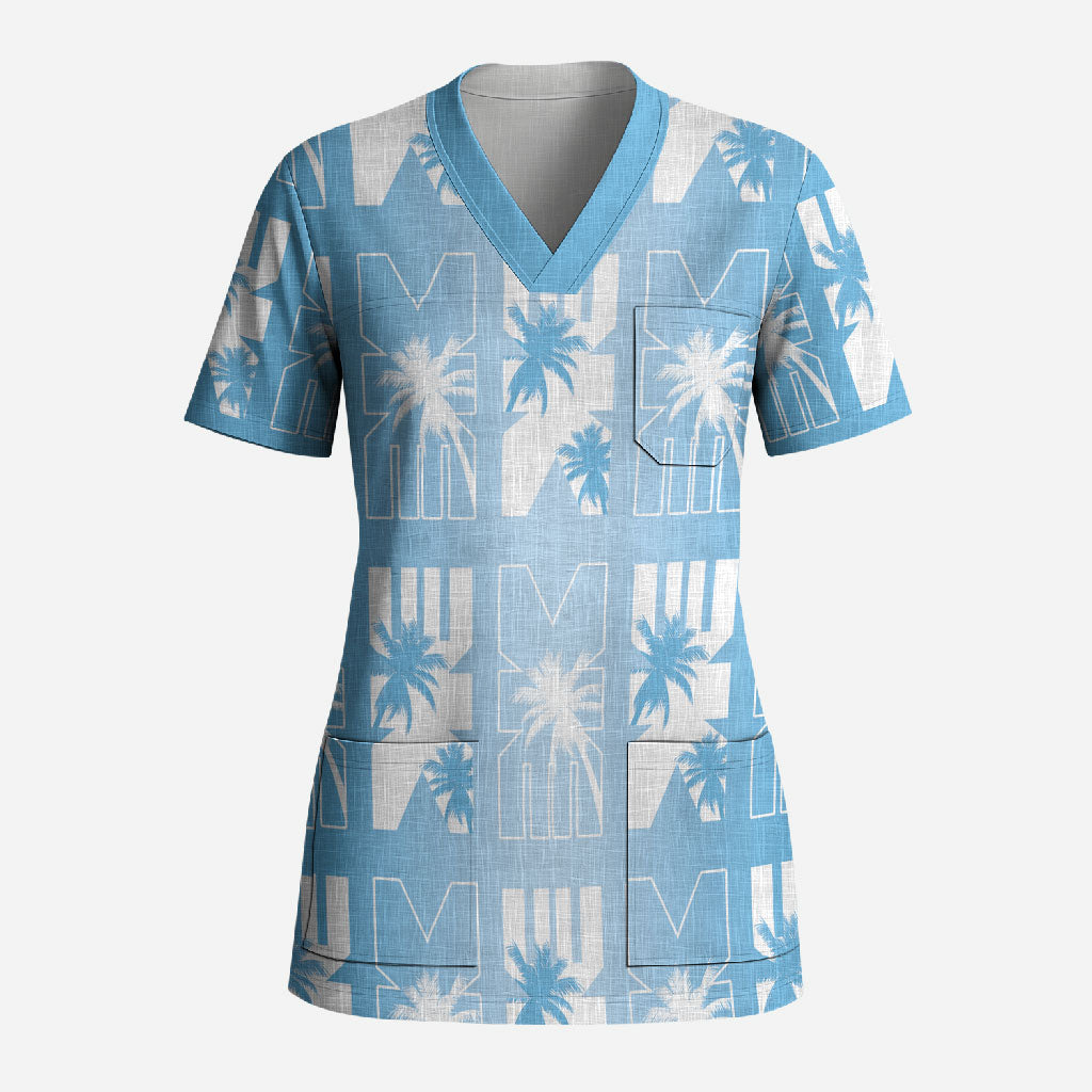 Bula Fiji Scrub Top Blue Makare Masi Tapa Pattern LT05 Adult Blue - Polynesian Pride