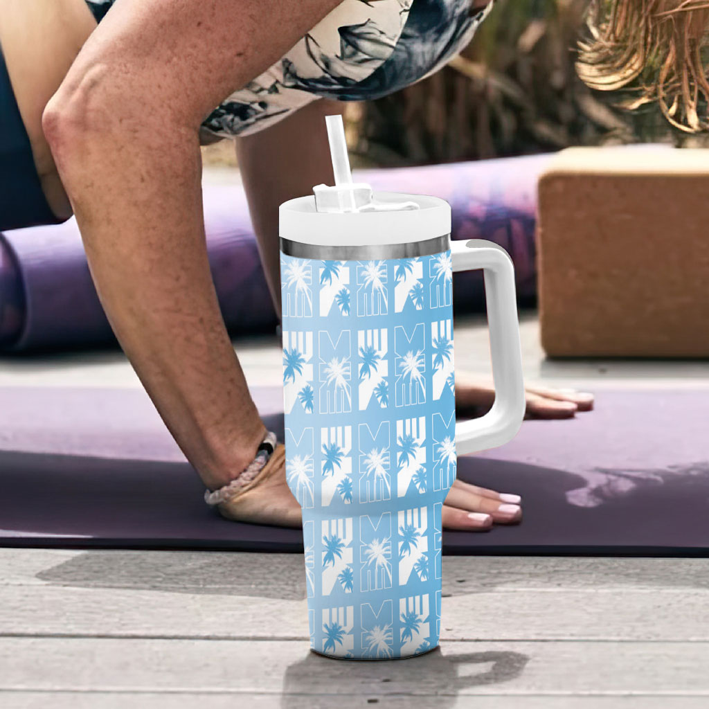 Bula Fiji Tumbler With Handle Blue Makare Masi Tapa Pattern LT05 - Polynesian Pride