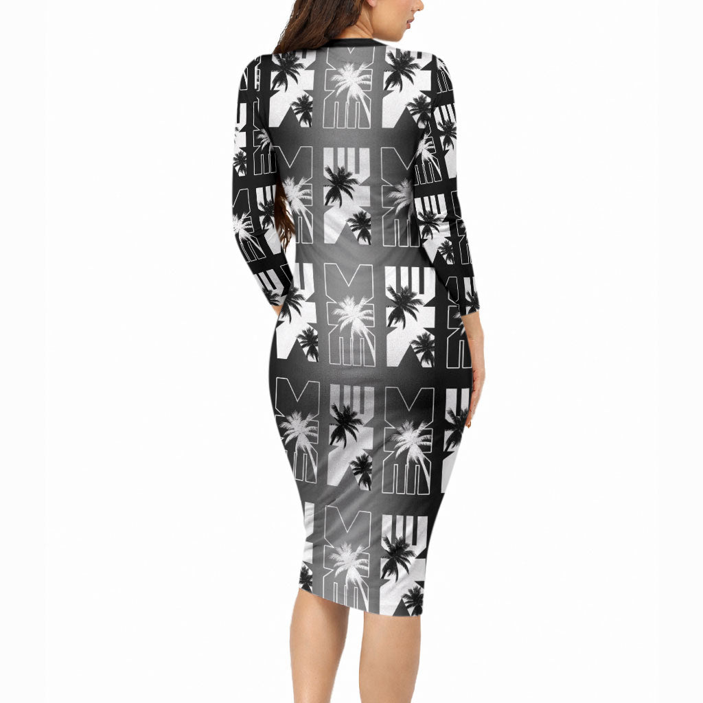 Bula Fiji Long Sleeve Bodycon Dress Black Makare Masi Tapa Pattern LT05 - Polynesian Pride