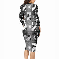 Bula Fiji Long Sleeve Bodycon Dress Black Makare Masi Tapa Pattern LT05 - Polynesian Pride