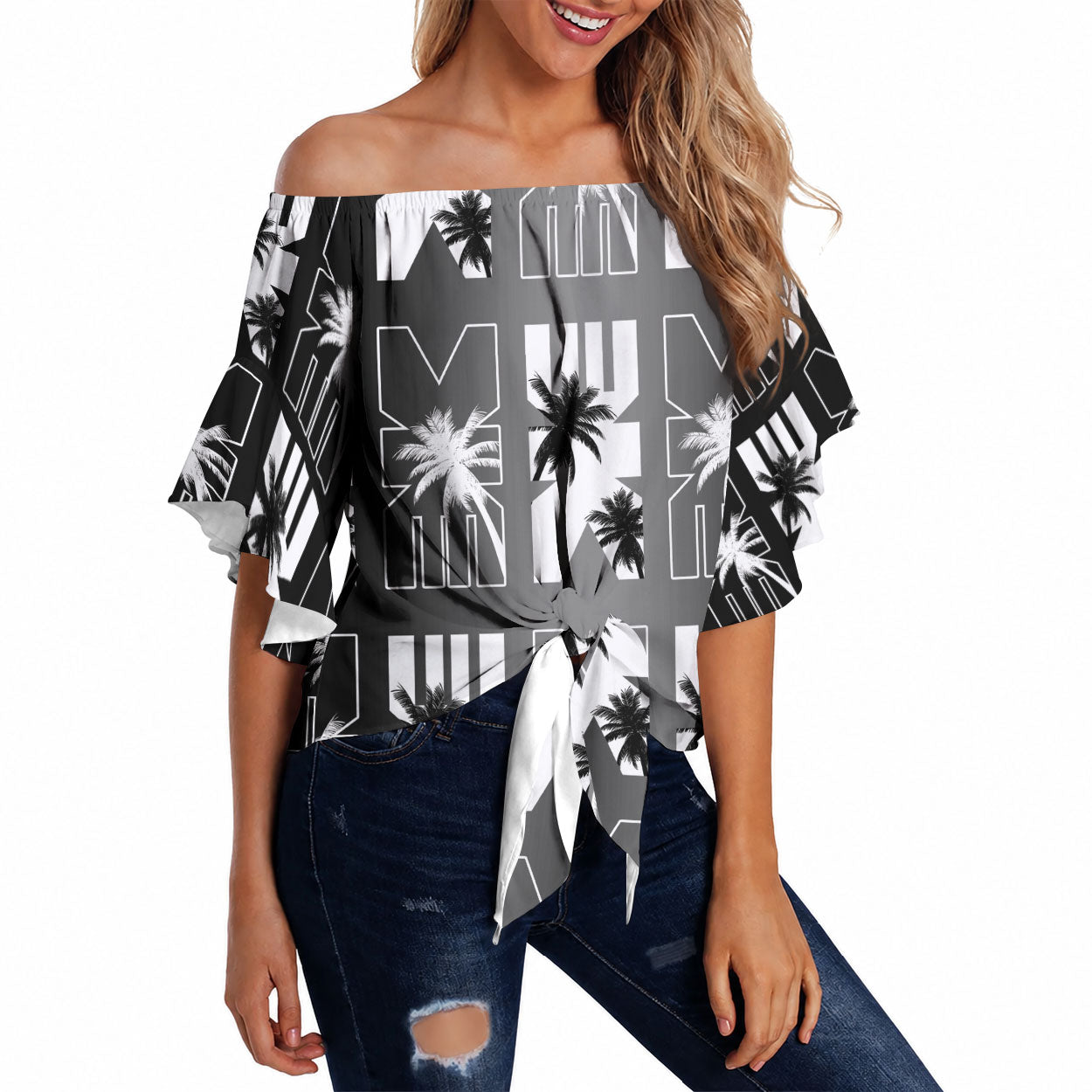 Bula Fiji Off Shoulder Wrap Waist Top Black Makare Masi Tapa Pattern LT05 Black - Polynesian Pride