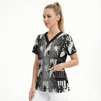 Bula Fiji Scrub Top Black Makare Masi Tapa Pattern LT05 - Polynesian Pride