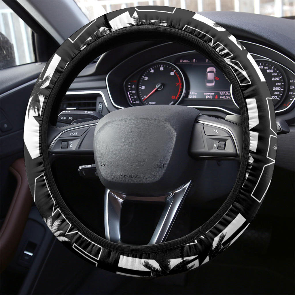 Bula Fiji Steering Wheel Cover Black Makare Masi Tapa Pattern LT05 - Polynesian Pride