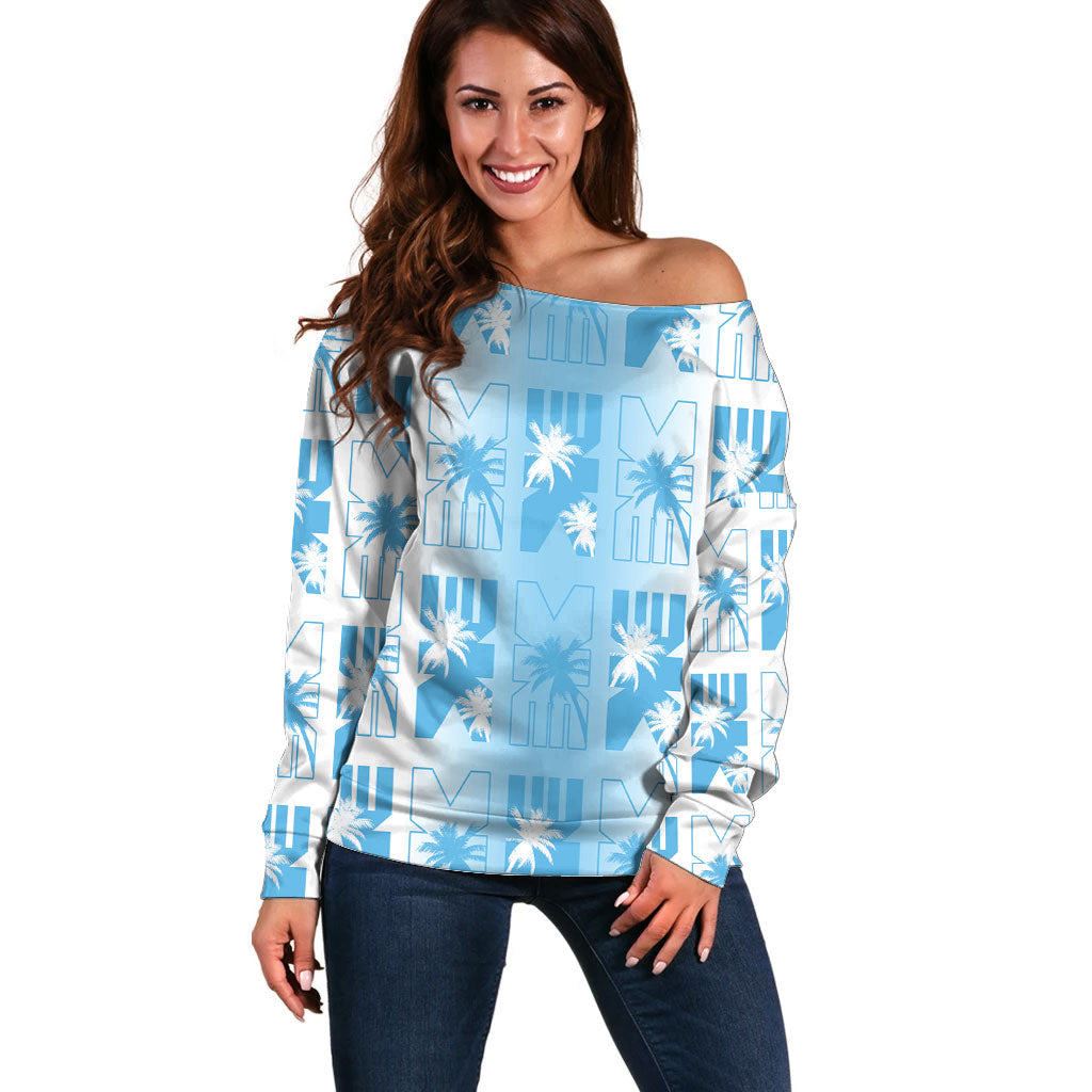 Bula Fiji Off Shoulder Sweater White Makare Masi Tapa Pattern LT05 Women White - Polynesian Pride
