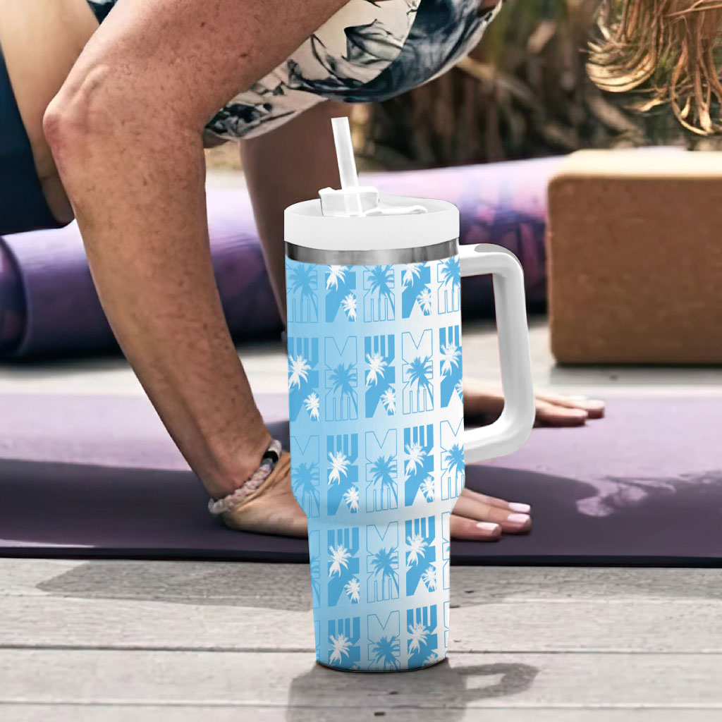 Bula Fiji Tumbler With Handle White Makare Masi Tapa Pattern LT05 - Polynesian Pride