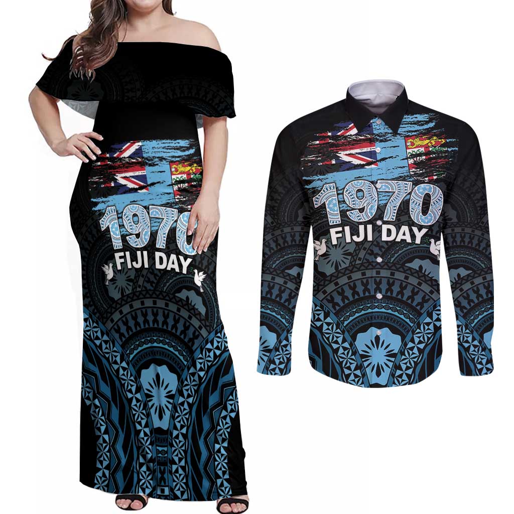 Personalised Happy Fiji Day 1970 Couples Matching Off Shoulder Maxi Dress and Long Sleeve Button Shirt Flag Grunge Style