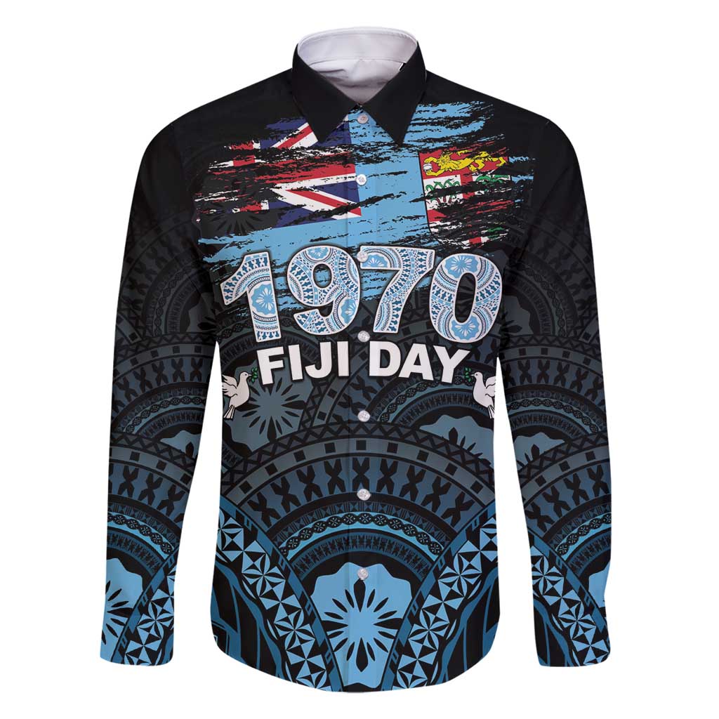 Personalised Happy Fiji Day 1970 Family Matching Mermaid Dress and Hawaiian Shirt Flag Grunge Style LT05 Dad's Shirt - Long Sleeve Black - Polynesian Pride