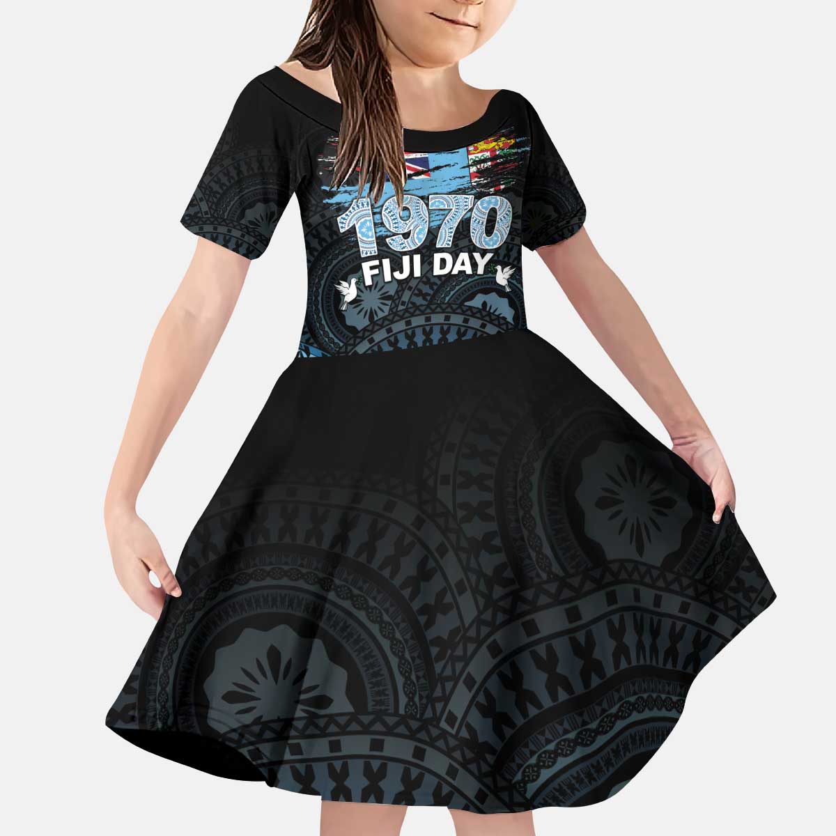 Personalised Happy Fiji Day 1970 Family Matching Puletasi and Hawaiian Shirt Flag Grunge Style LT05 Daughter's Dress Black - Polynesian Pride