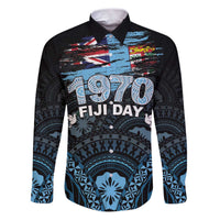 Personalised Happy Fiji Day 1970 Family Matching Puletasi and Hawaiian Shirt Flag Grunge Style LT05 Dad's Shirt - Long Sleeve Black - Polynesian Pride