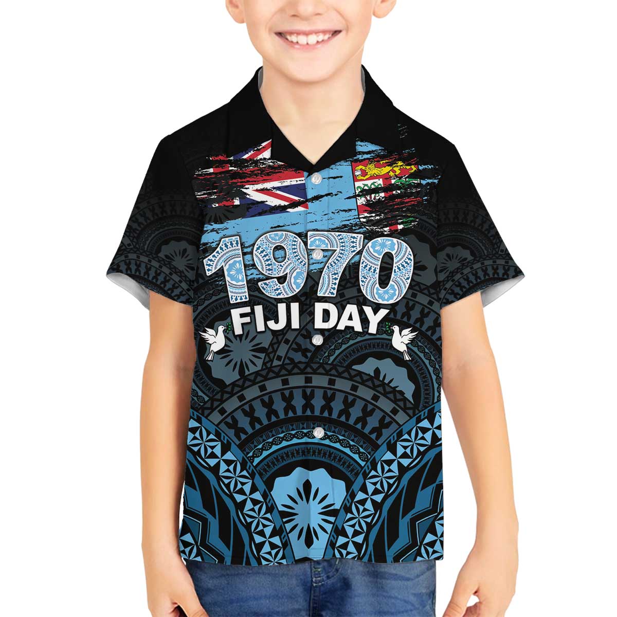 Personalised Happy Fiji Day 1970 Family Matching Puletasi and Hawaiian Shirt Flag Grunge Style LT05 Son's Shirt Black - Polynesian Pride