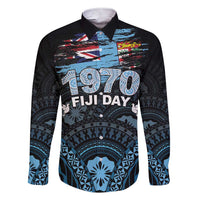 Personalised Happy Fiji Day 1970 Family Matching Short Sleeve Bodycon Dress and Hawaiian Shirt Flag Grunge Style LT05 Dad's Shirt - Long Sleeve Black - Polynesian Pride