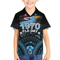 Personalised Happy Fiji Day 1970 Family Matching Short Sleeve Bodycon Dress and Hawaiian Shirt Flag Grunge Style LT05 Son's Shirt Black - Polynesian Pride