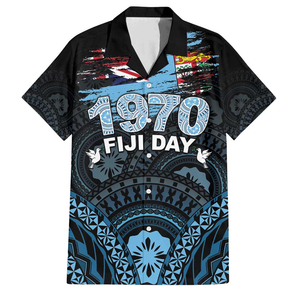 Personalised Happy Fiji Day 1970 Family Matching Summer Maxi Dress and Hawaiian Shirt Flag Grunge Style LT05 Dad's Shirt - Short Sleeve Black - Polynesian Pride