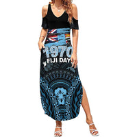 Personalised Happy Fiji Day 1970 Family Matching Summer Maxi Dress and Hawaiian Shirt Flag Grunge Style LT05 Mom's Dress Black - Polynesian Pride