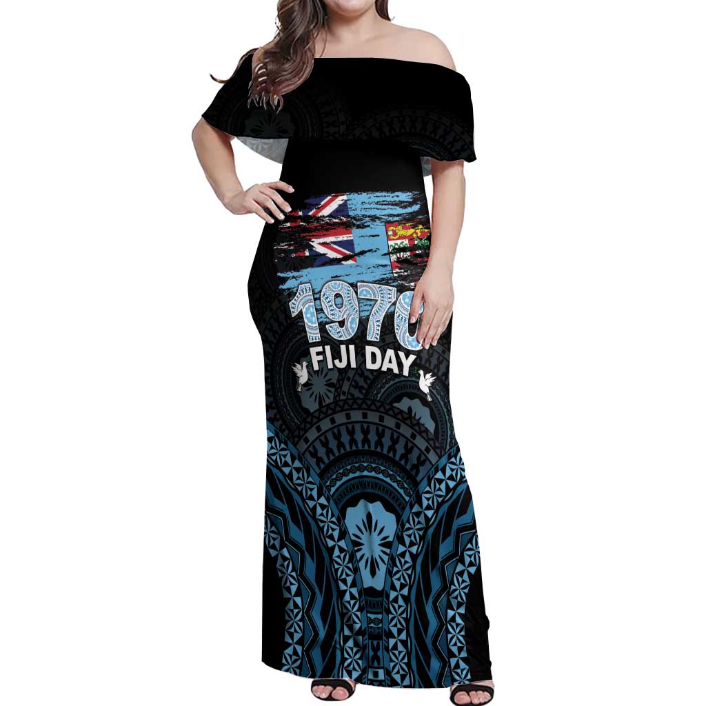 Personalised Happy Fiji Day 1970 Off Shoulder Maxi Dress Flag Grunge Style