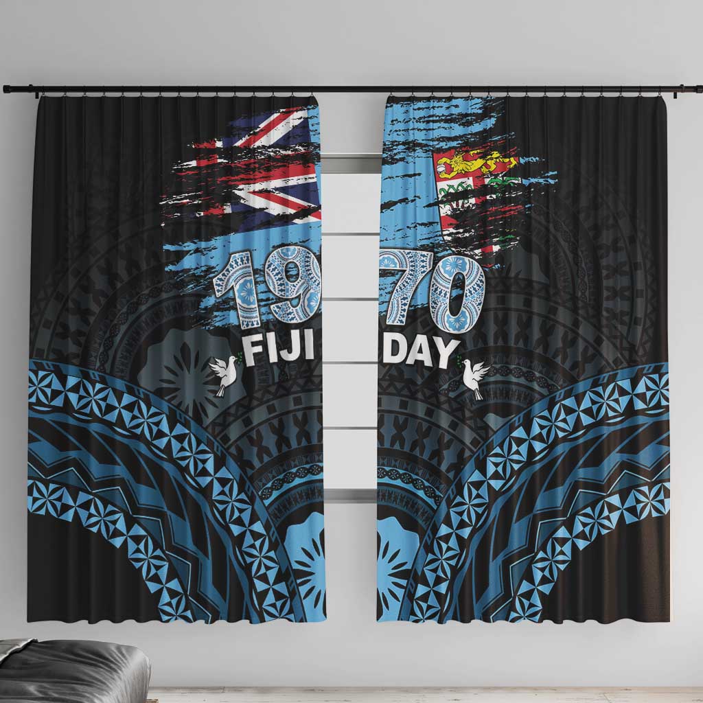 Happy Fiji Day 1970 Window Curtain Flag Grunge Style LT05 With Hooks Black - Polynesian Pride