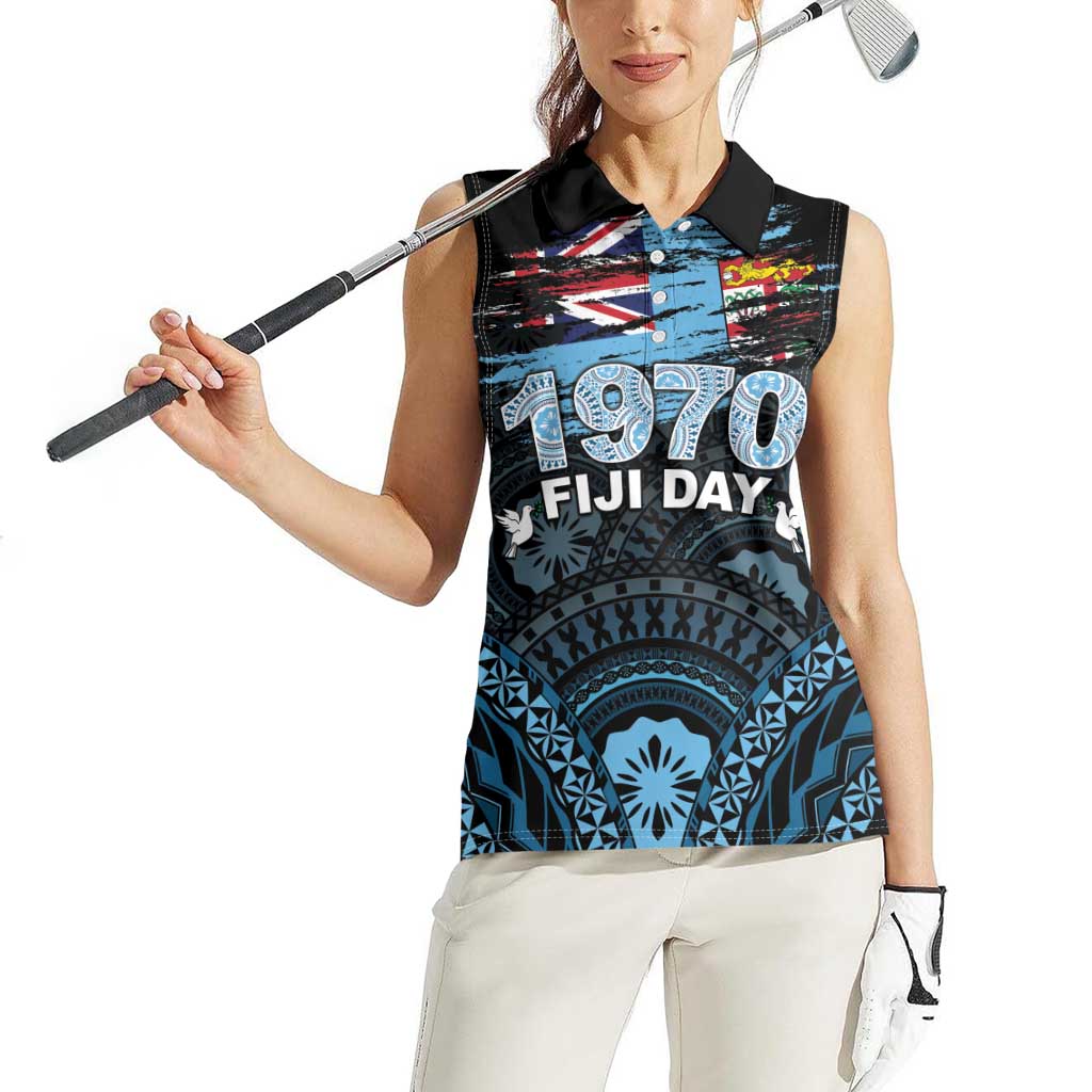 Personalised Happy Fiji Day 1970 Women Sleeveless Polo Shirt Flag Grunge Style