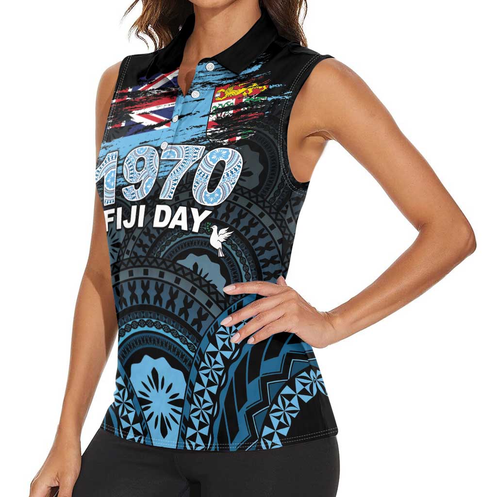 Personalised Happy Fiji Day 1970 Women Sleeveless Polo Shirt Flag Grunge Style