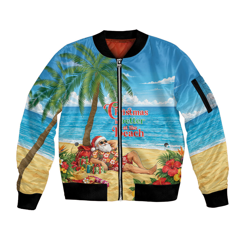 Hawaii Jolly Christmas Sleeve Zip Bomber Jacket Xmas Is Better At The Beach LT05 Unisex Blue - Polynesian Pride