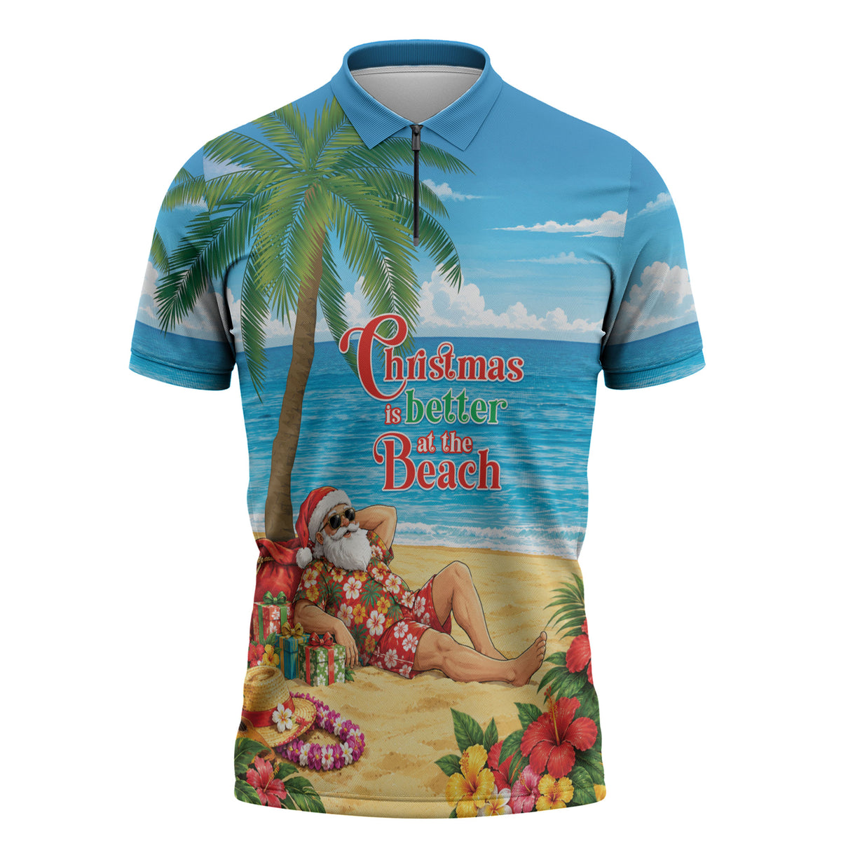 Hawaii Jolly Christmas Zipper Polo Shirt Xmas Is Better At The Beach