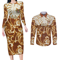 Personalized Fiji Spring Break Couples Matching Long Sleeve Bodycon Dress and Long Sleeve Button Shirts Fijian Tapa Pattern Brown LT05 Brown - Polynesian Pride