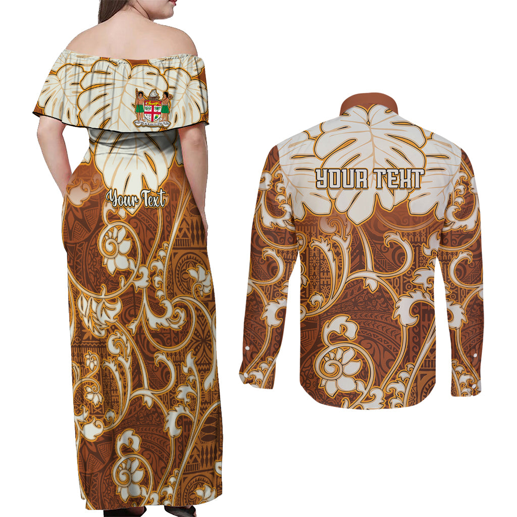 Personalized Fiji Spring Break Couples Matching Off Shoulder Maxi Dress and Long Sleeve Button Shirts Fijian Tapa Pattern Brown LT05 - Polynesian Pride