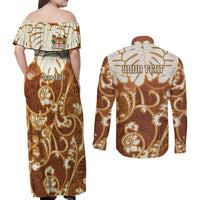 Personalized Fiji Spring Break Couples Matching Off Shoulder Maxi Dress and Long Sleeve Button Shirts Fijian Tapa Pattern Brown LT05 - Polynesian Pride