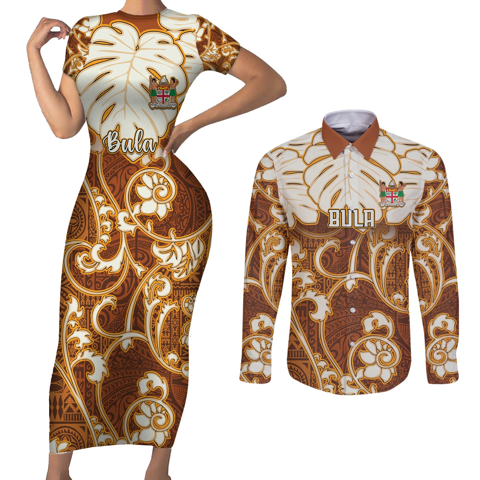 Personalized Fiji Spring Break Couples Matching Short Sleeve Bodycon Dress and Long Sleeve Button Shirts Fijian Tapa Pattern Brown LT05 Brown - Polynesian Pride