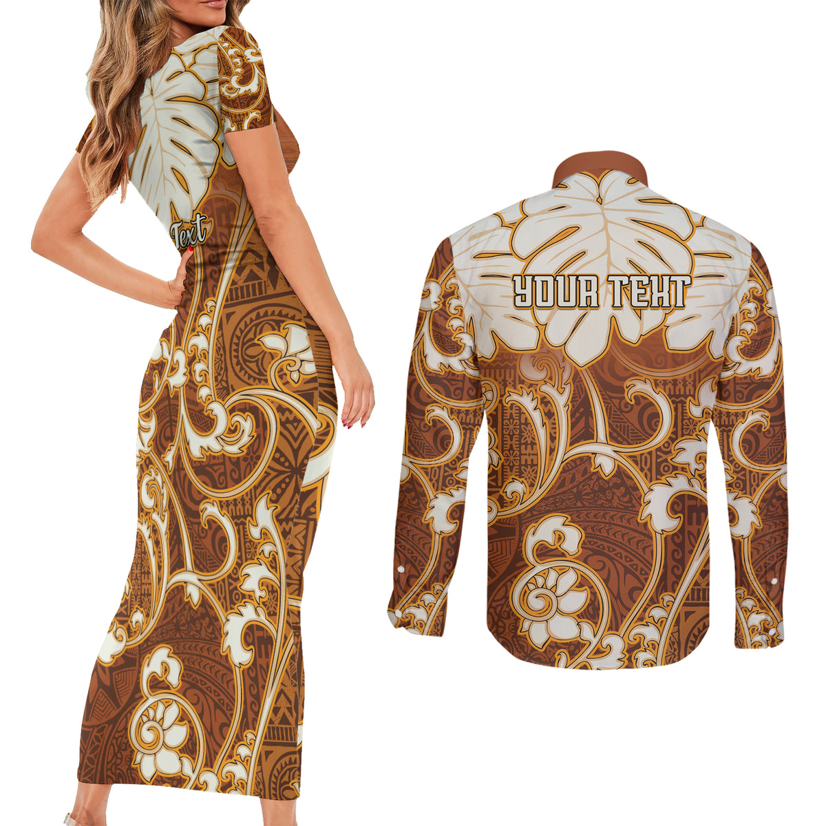 Personalized Fiji Spring Break Couples Matching Short Sleeve Bodycon Dress and Long Sleeve Button Shirts Fijian Tapa Pattern Brown LT05 - Polynesian Pride