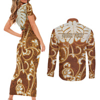 Personalized Fiji Spring Break Couples Matching Short Sleeve Bodycon Dress and Long Sleeve Button Shirts Fijian Tapa Pattern Brown LT05 - Polynesian Pride