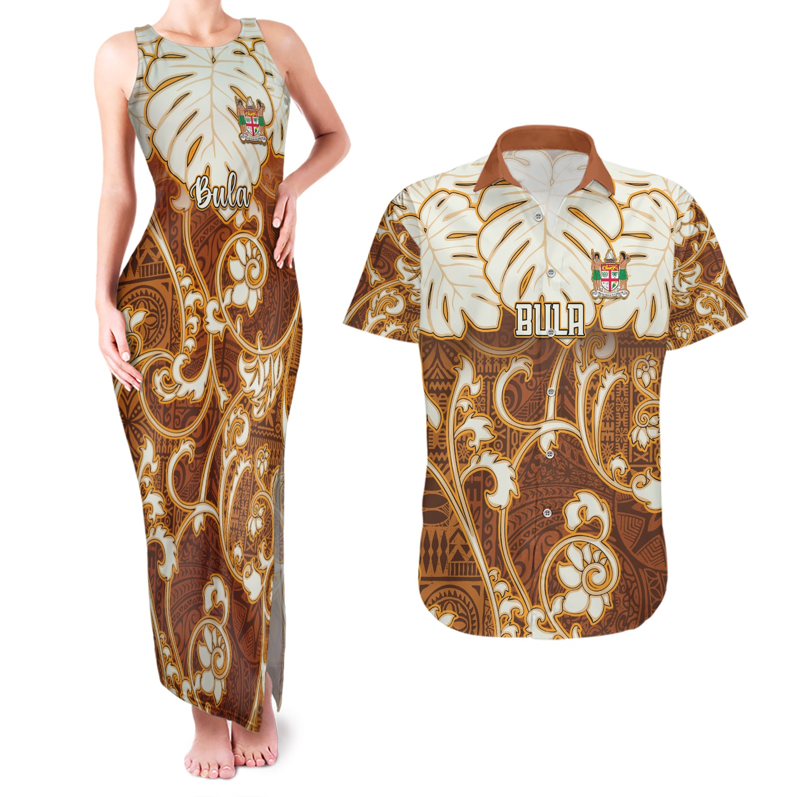 Personalized Fiji Spring Break Couples Matching Tank Maxi Dress and Hawaiian Shirt Fijian Tapa Pattern Brown LT05 Brown - Polynesian Pride