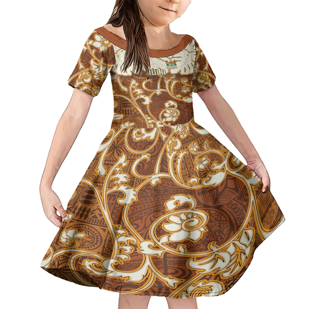 Personalized Fiji Spring Break Kid Short Sleeve Dress Fijian Tapa Pattern Brown LT05 KID Brown - Polynesian Pride