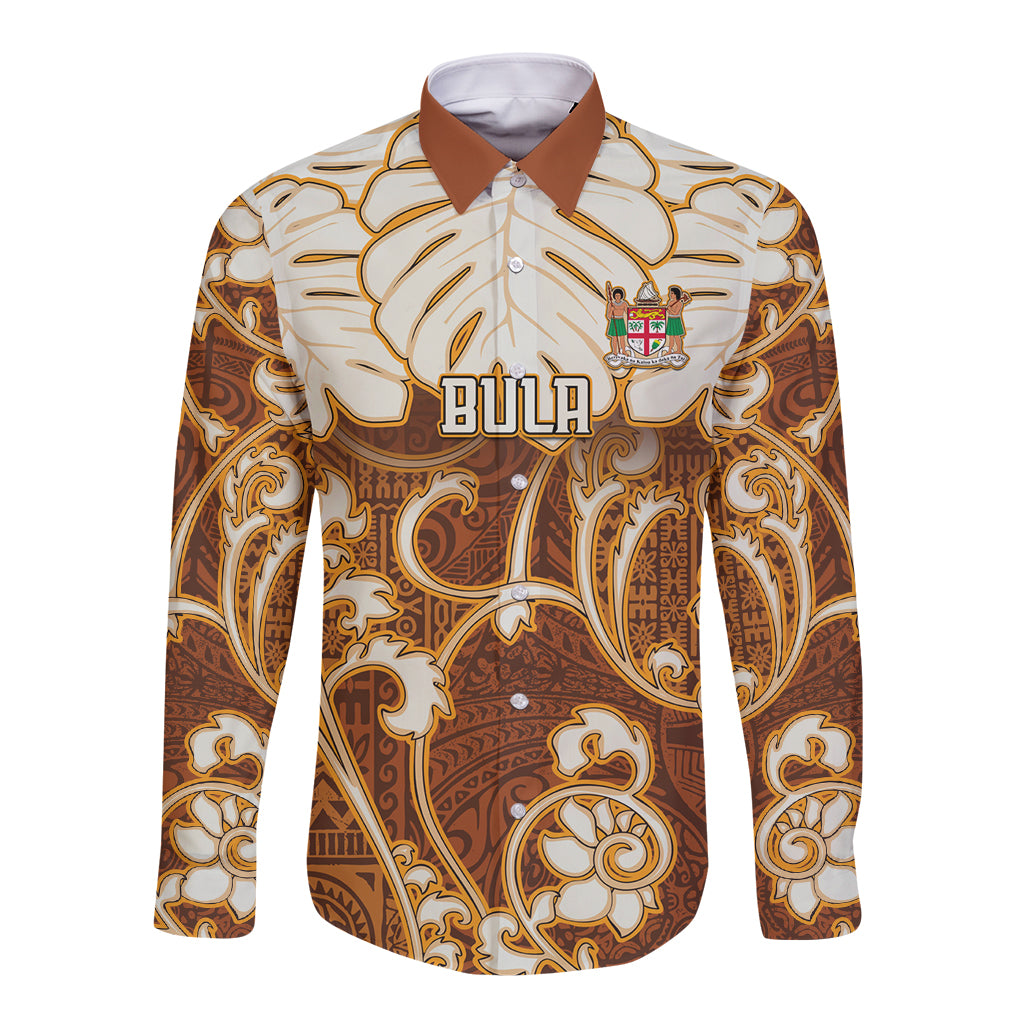 Personalized Fiji Spring Break Long Sleeve Button Shirt Fijian Tapa Pattern Brown LT05 Unisex Brown - Polynesian Pride